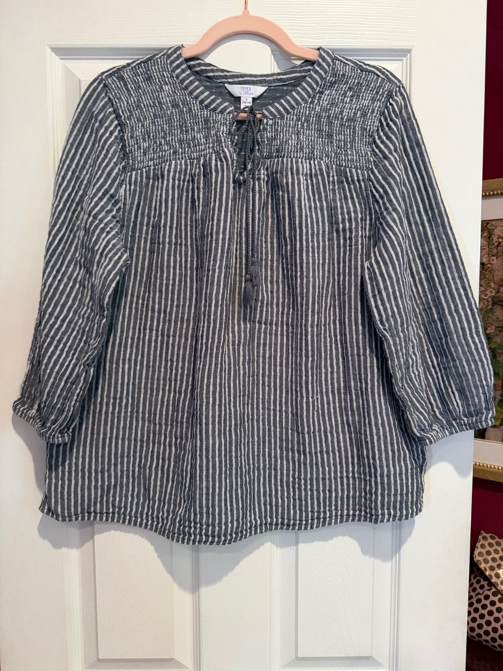 Time and Tru Navy and White Striped Tie-Front Blouse